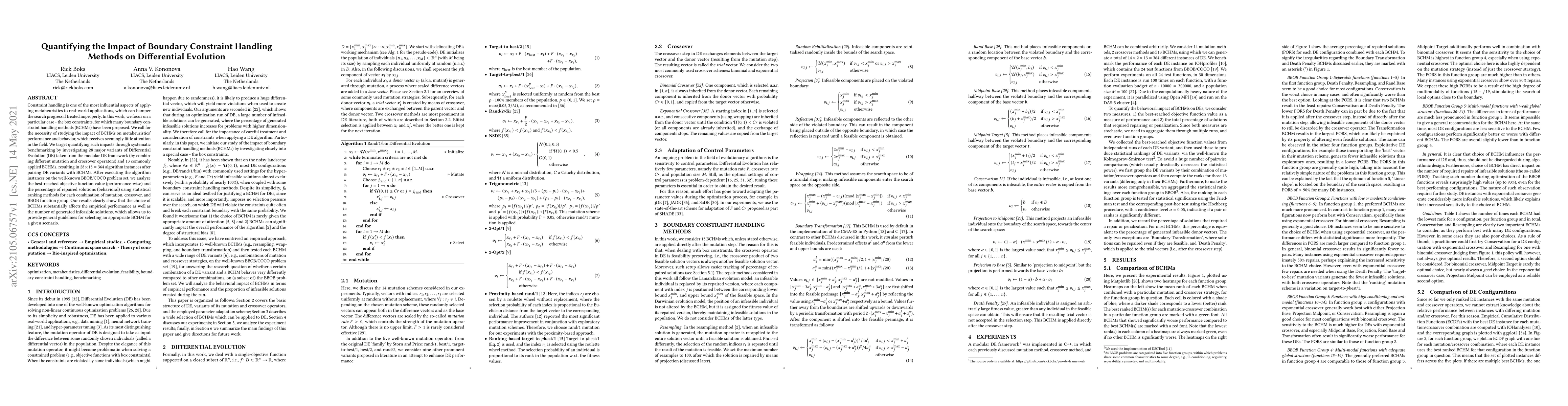 Thumbnail for Quantifying the Impact of Boundary Constraint Handling Methods on
  Differential Evolution