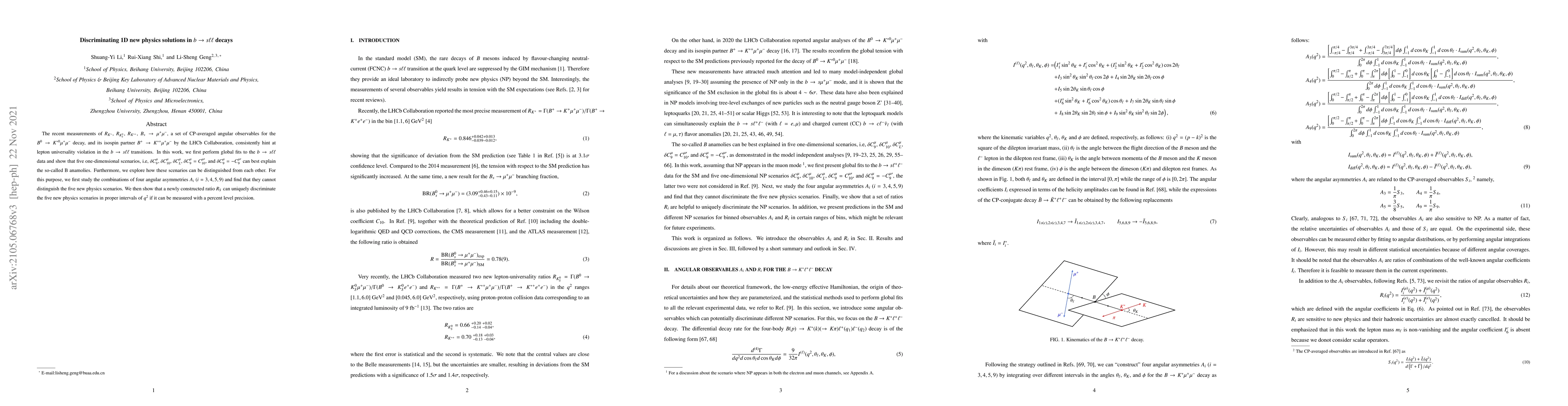 Thumbnail for Discriminating 1D new physics solutions in $b\to s\ell\ell$ decays