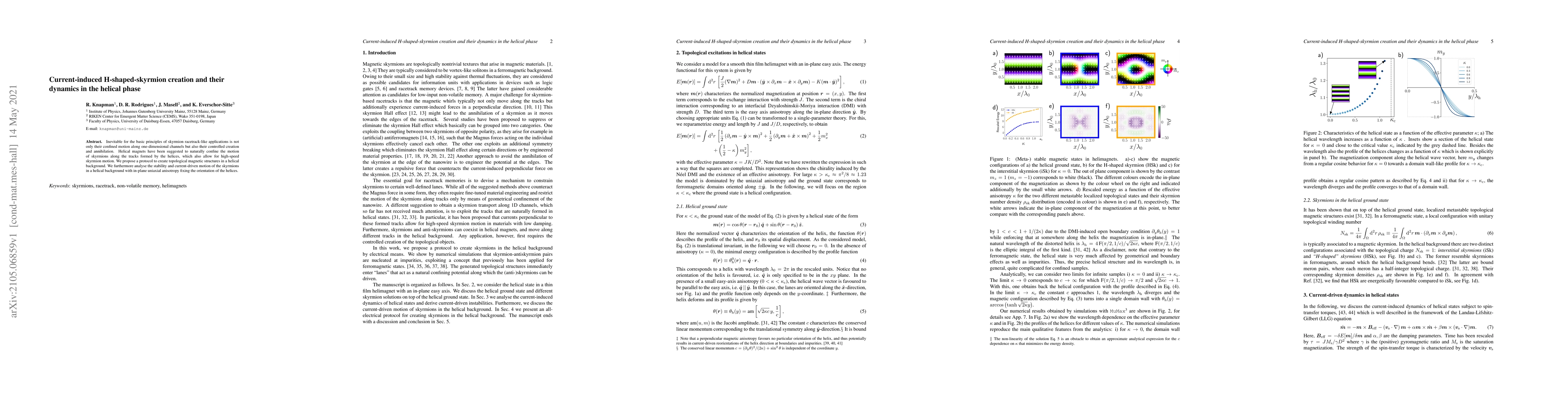 Thumbnail for Current-induced H-shaped-skyrmion creation and their dynamics in the
  helical phase