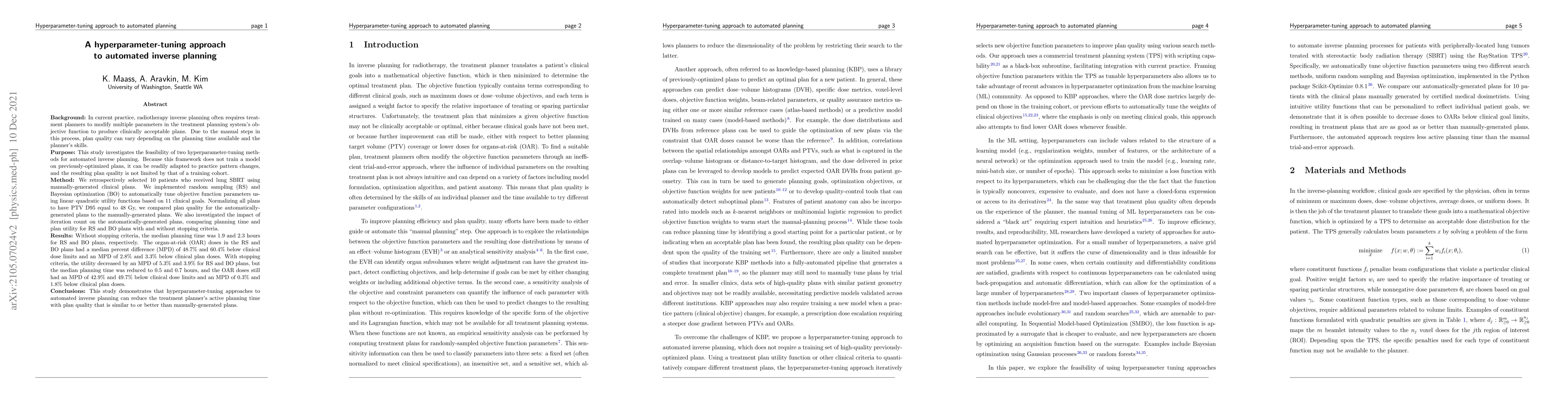 Thumbnail for A hyperparameter-tuning approach to automated inverse planning