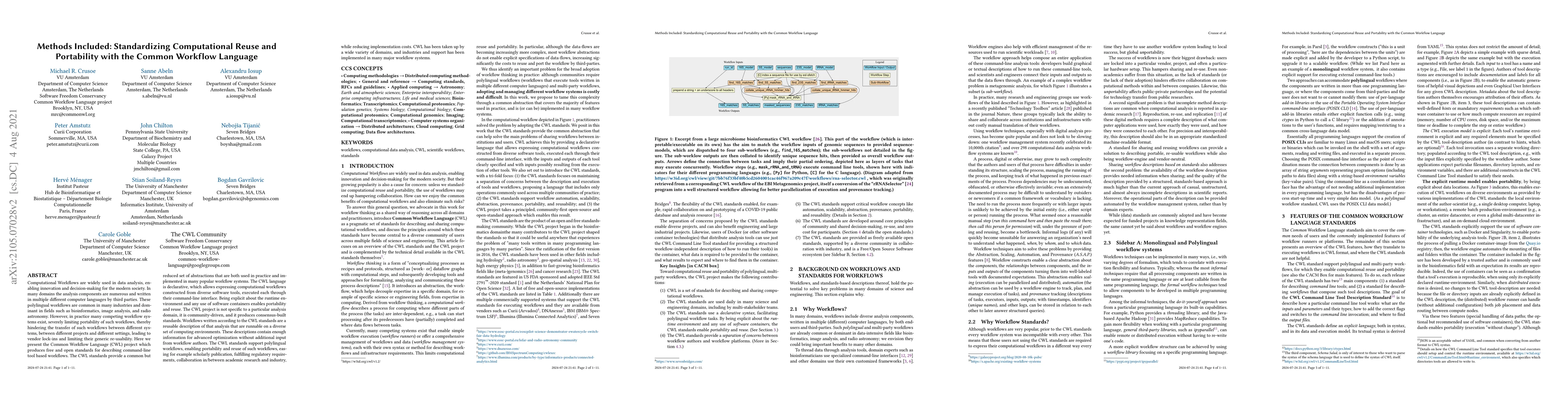Thumbnail for Methods Included: Standardizing Computational Reuse and Portability with
  the Common Workflow Language