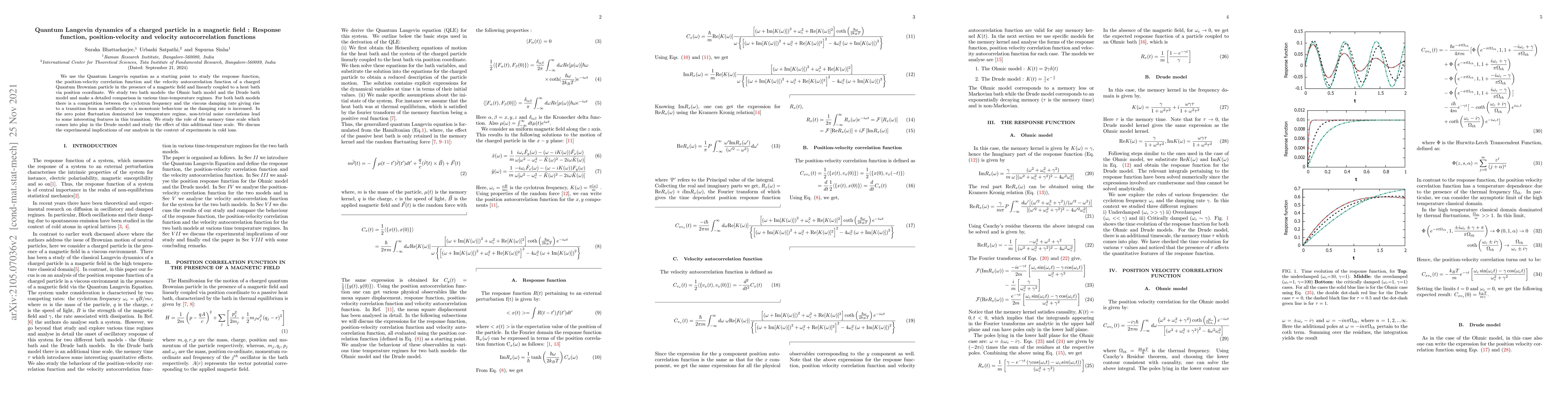 Thumbnail for Quantum Langevin dynamics of a charged particle in a magnetic field :
  Response function, position-velocity and velocity autocorrelation functions