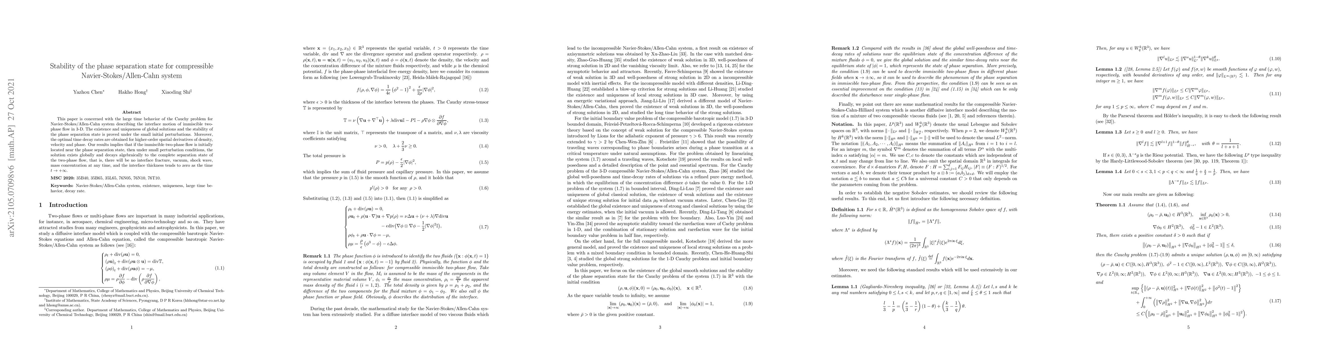 Thumbnail for Stability of the Phase Separation State for Compressible
  Navier-Stokes/Allen-Cahn System