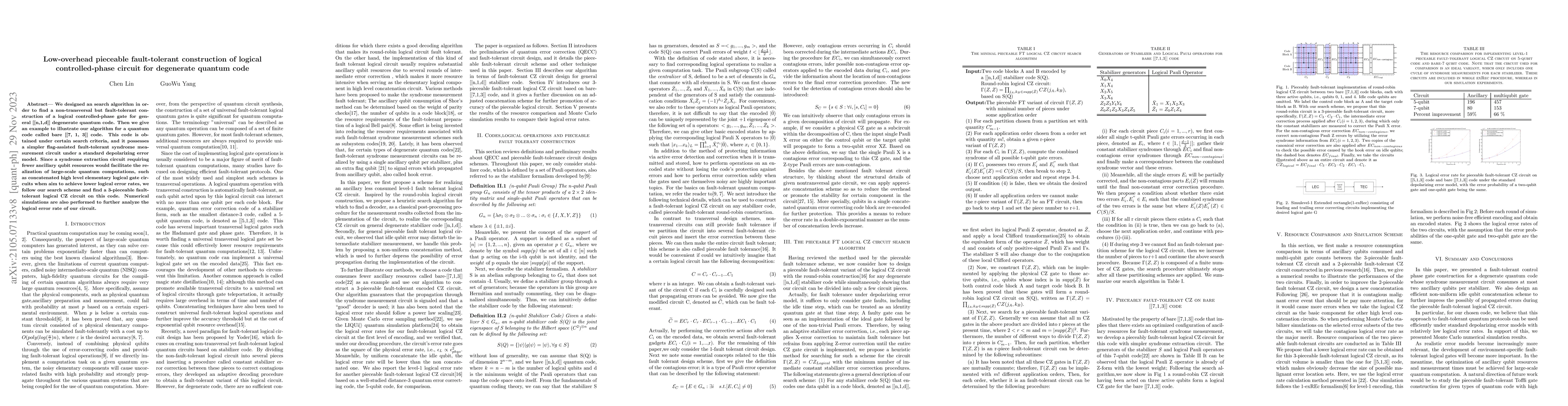 Thumbnail for Low-overhead pieceable fault-tolerant construction of logical
  controlled-phase circuit for degenerate quantum code
