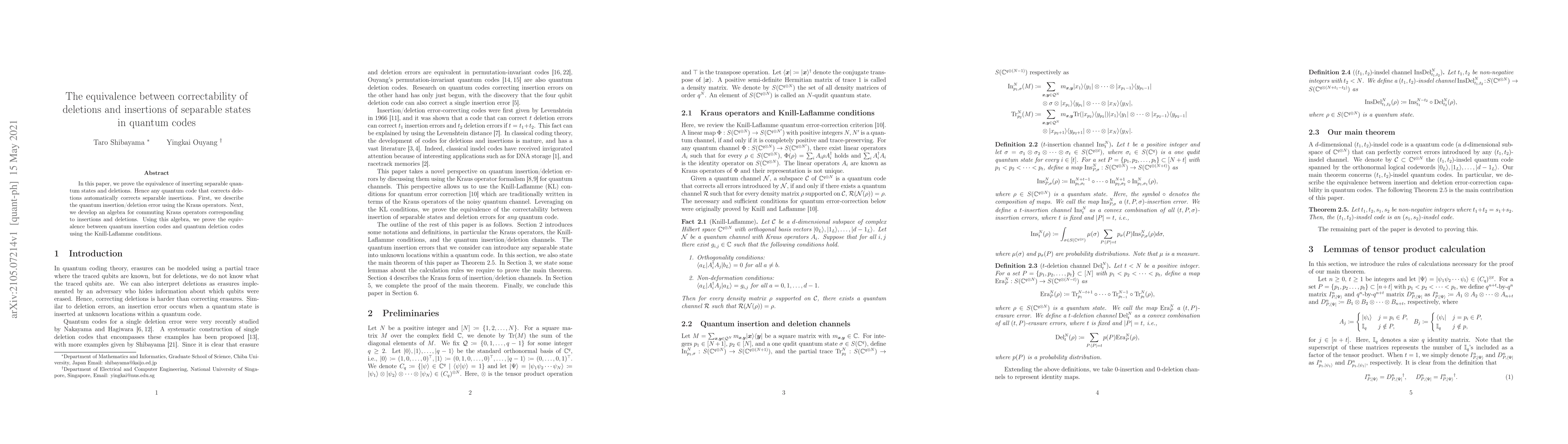 Thumbnail for The equivalence between correctability of deletions and insertions of
  separable states in quantum codes