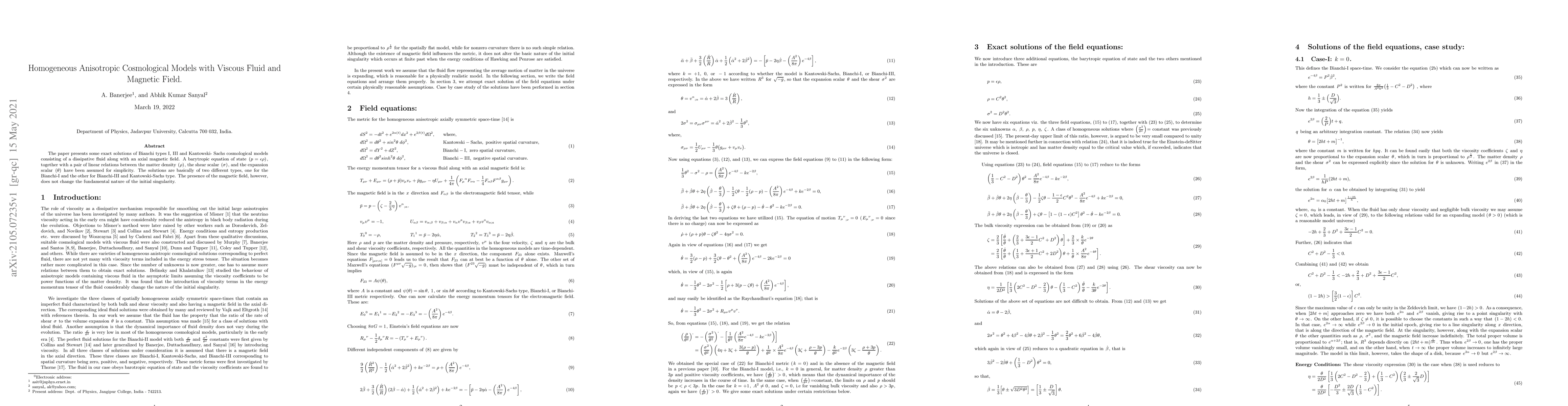 Thumbnail for Homogeneous Anisotropic Cosmological Models with Viscous Fluid and
  Magnetic Field