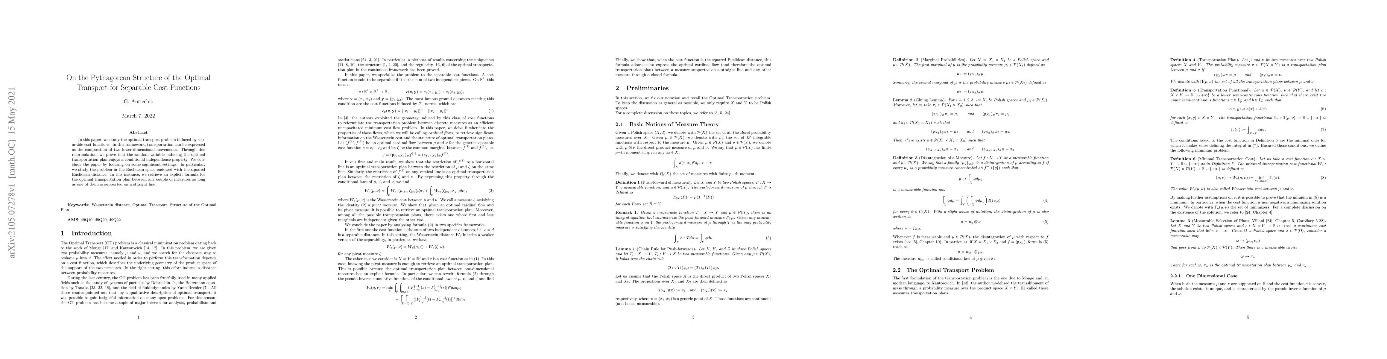Thumbnail for On the Pythagorean Structure of the Optimal Transport for Separable Cost
  Functions
