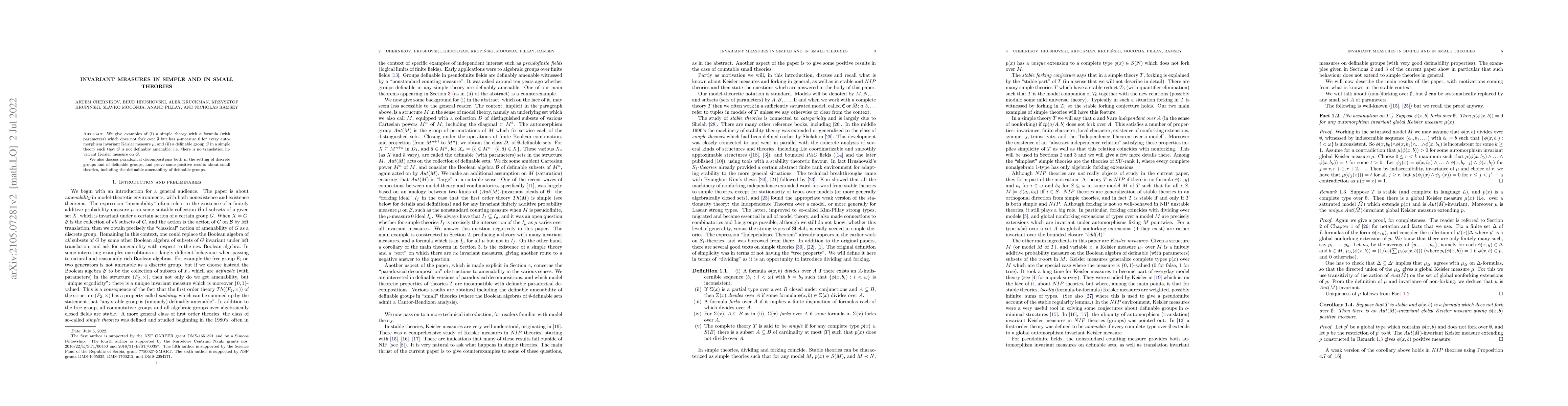 Thumbnail for Invariant measures in simple and in small theories