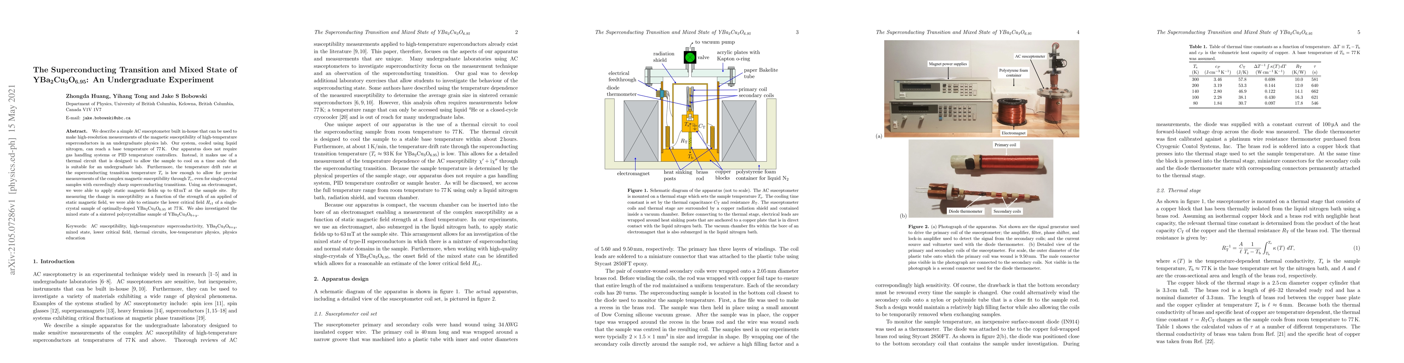 Thumbnail for The Superconducting Transition and Mixed State of
  YBa$_2$Cu$_3$O$_{6.95}$: An Undergraduate Experiment
