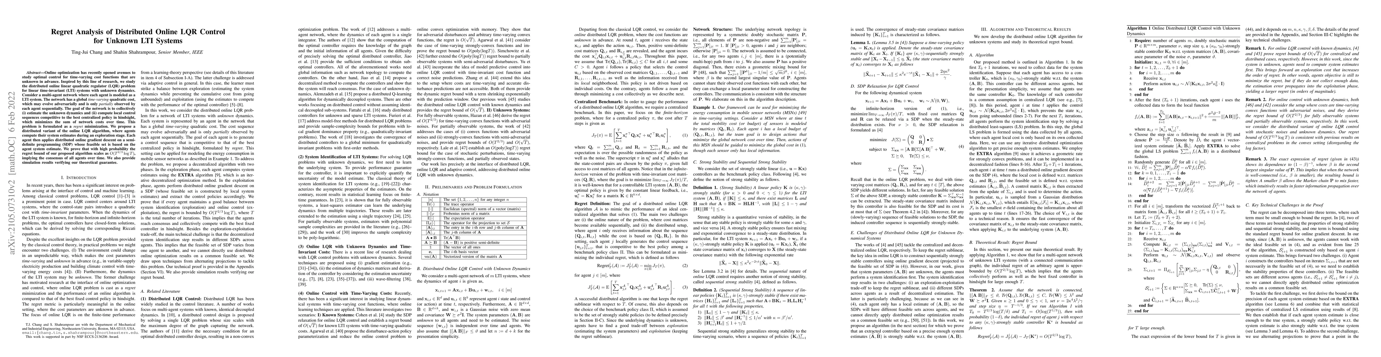 Thumbnail for Regret Analysis of Distributed Online LQR Control for Unknown LTI
  Systems