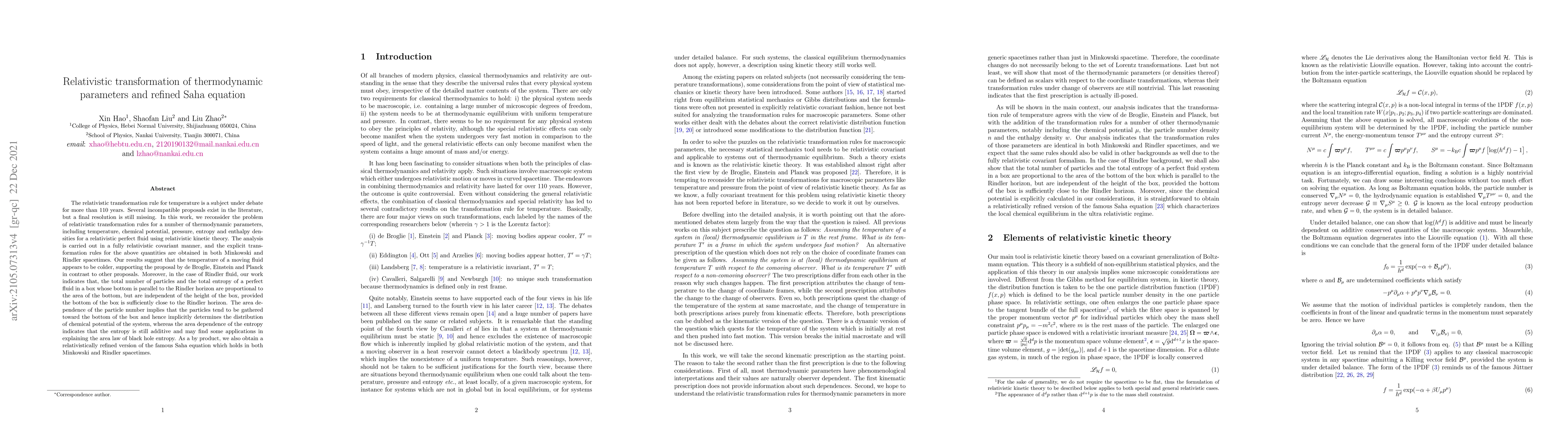 Thumbnail for Relativistic transformation of thermodynamic parameters and refined Saha
  equation