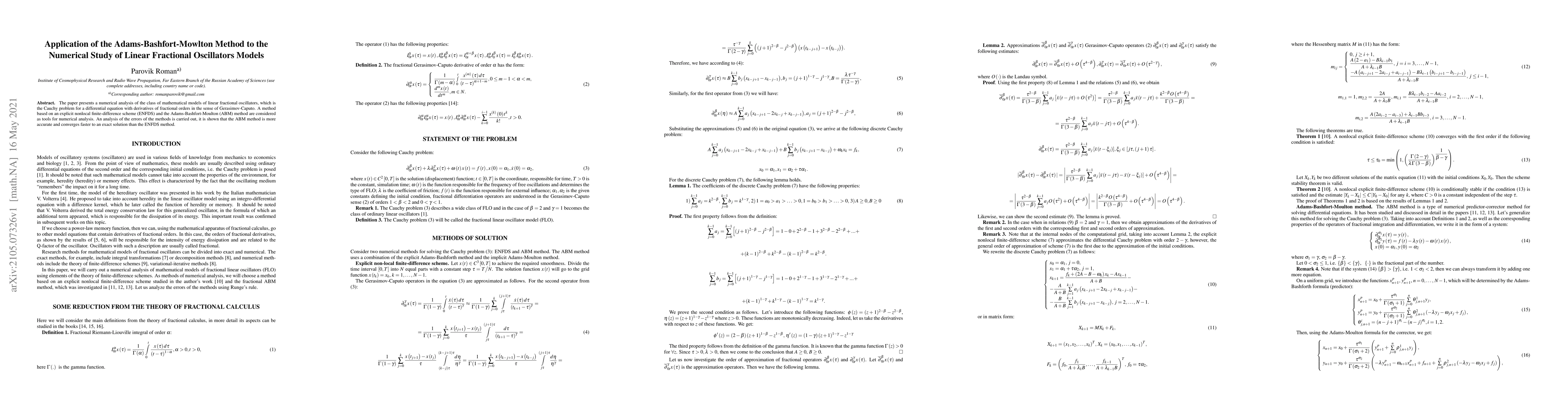 Thumbnail for Application of the Adams-Bashfort-Mowlton Method to the Numerical Study
  of Linear Fractional Oscillators Models