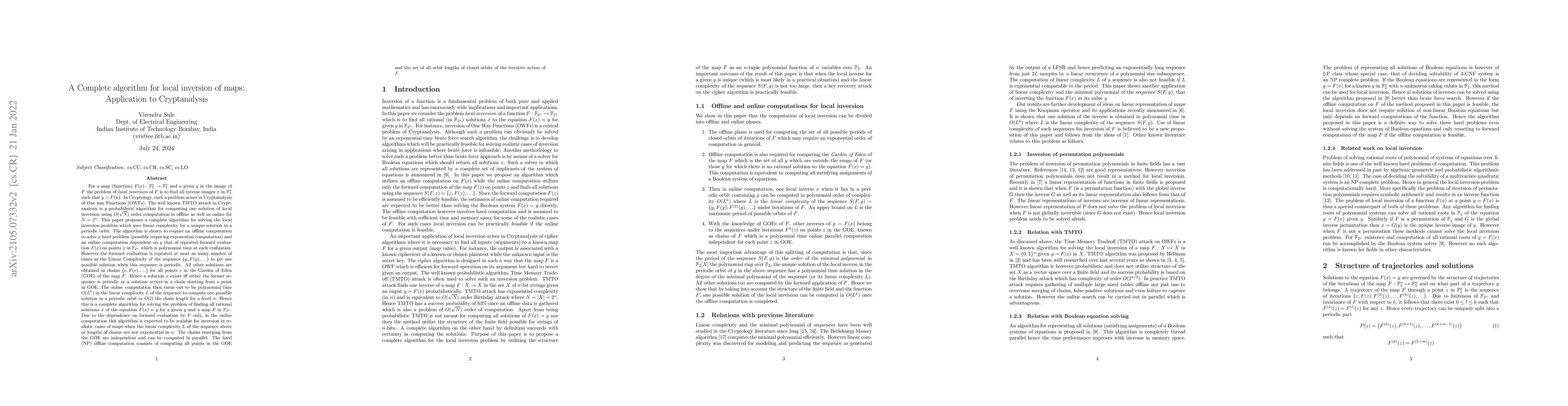 Thumbnail for A Complete algorithm for local inversion of maps: Application to
  Cryptanalysis