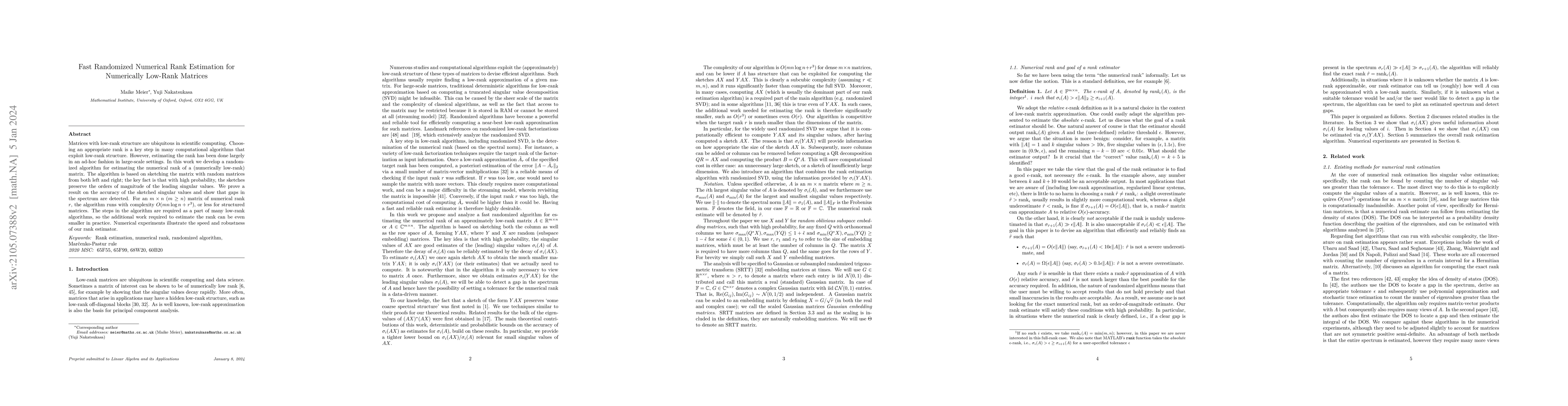 Thumbnail for Fast randomized numerical rank estimation for numerically low-rank
  matrices