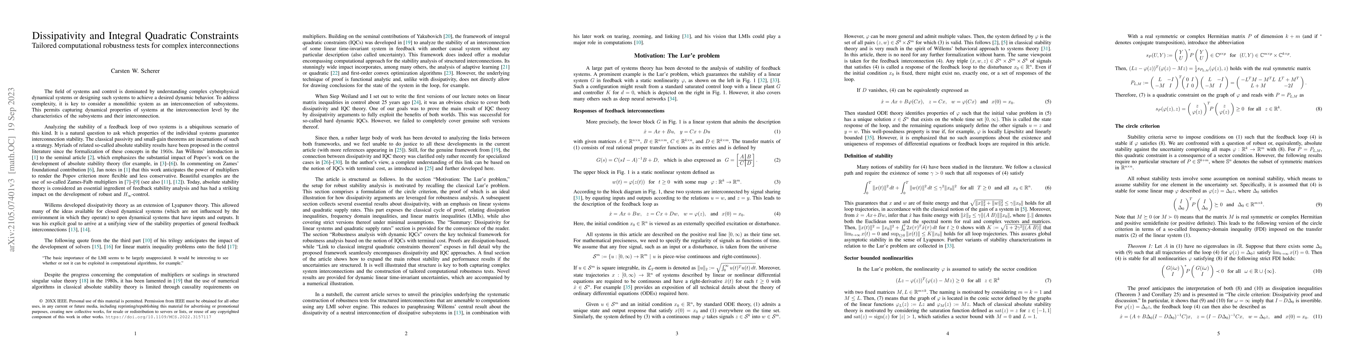 Thumbnail for Dissipativity and Integral Quadratic Constraints, Tailored computational
  robustness tests for complex interconnections