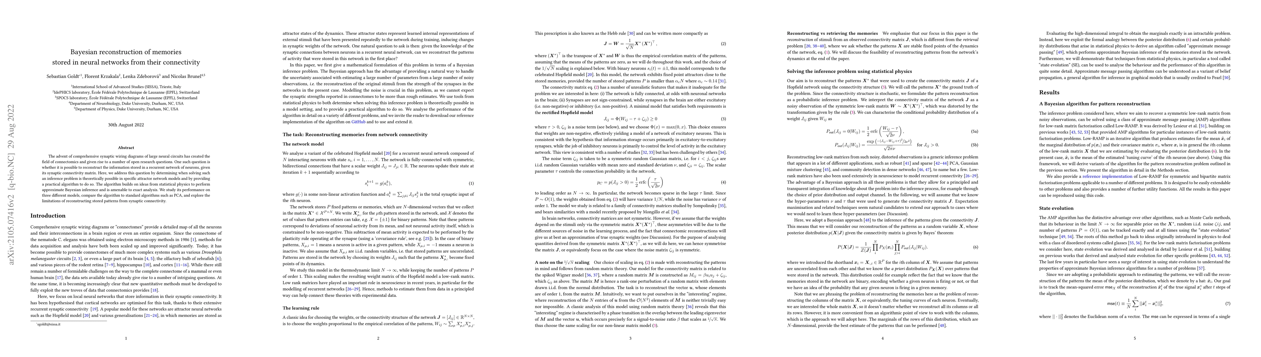 Thumbnail for Bayesian reconstruction of memories stored in neural networks from their
  connectivity