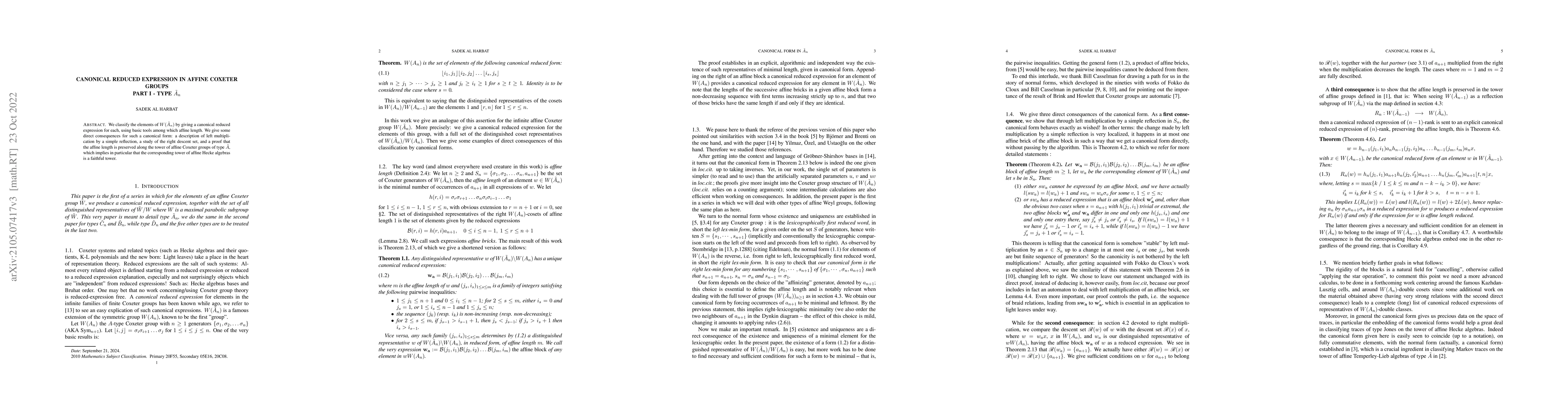 Thumbnail for Canonical reduced expression for elements of affine Coxeter groups Part
  I -- Type $\tilde{A}_n$