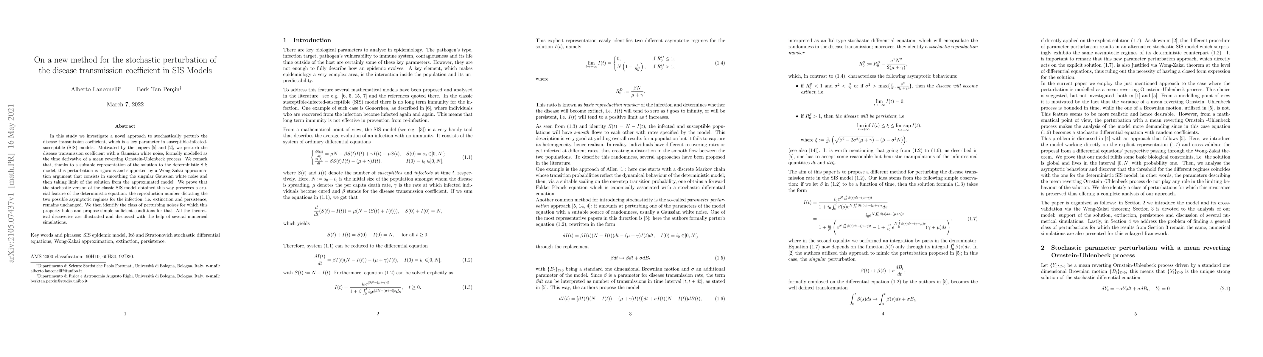 Thumbnail for On a new method for the stochastic perturbation of the disease
  transmission coefficient in SIS Models
