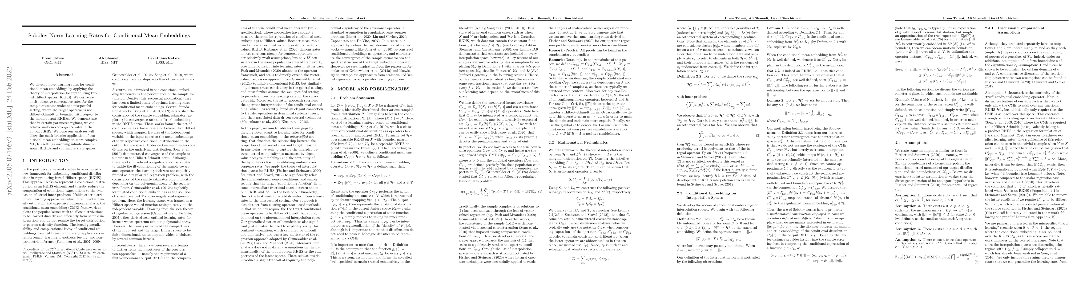 Thumbnail for Sobolev Norm Learning Rates for Conditional Mean Embeddings