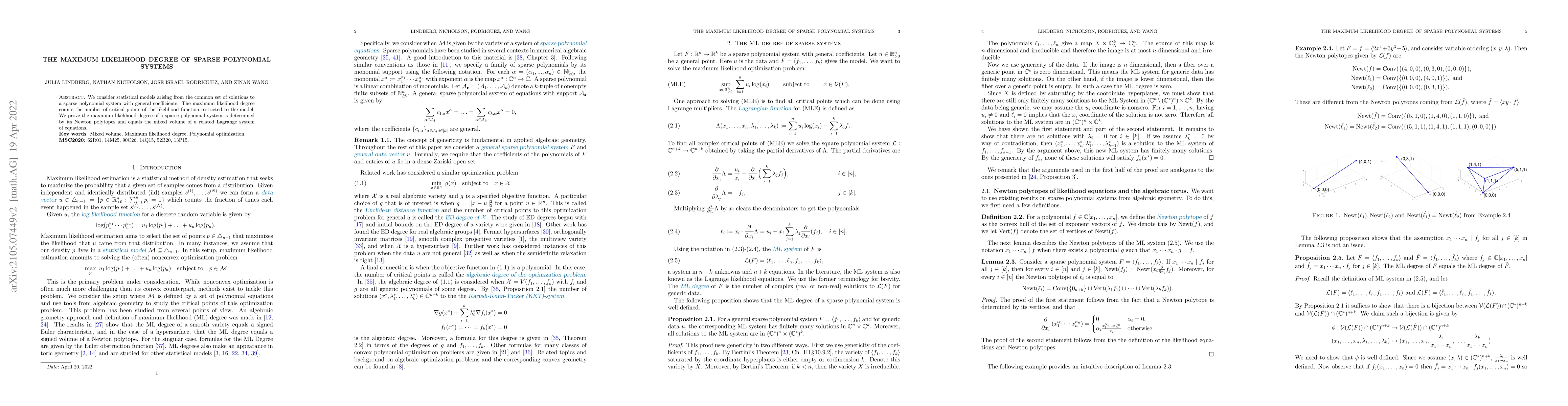 Thumbnail for The maximum likelihood degree of sparse polynomial systems