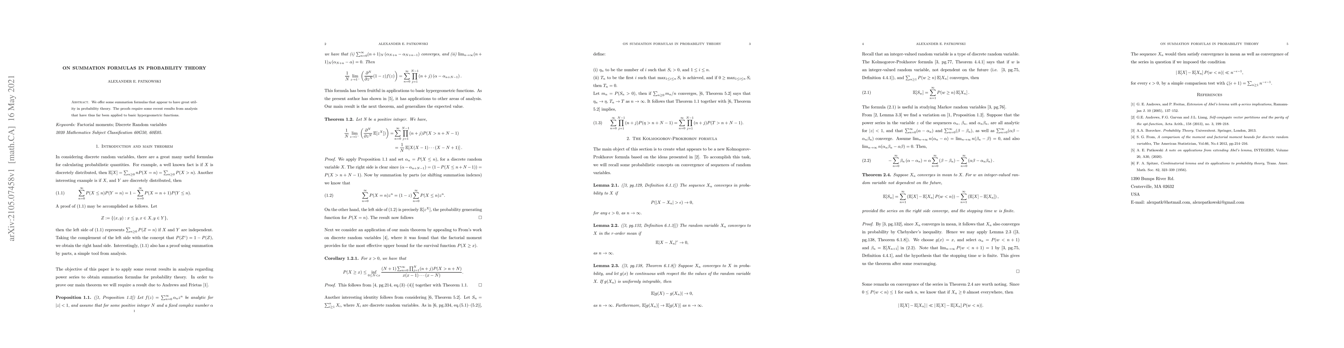 Thumbnail for On summation formulas in probability theory