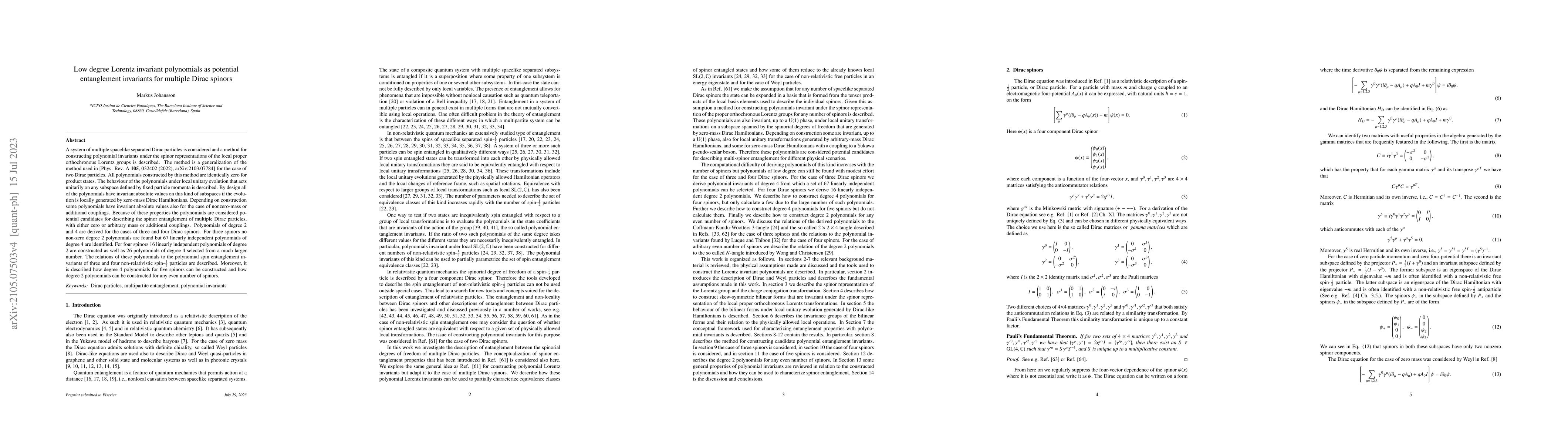 Thumbnail for Low degree Lorentz invariant polynomials as potential entanglement
  invariants for multiple Dirac spinors