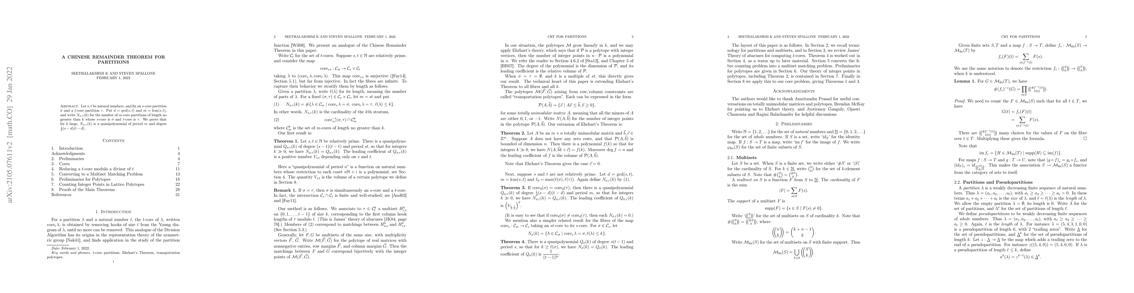 Thumbnail for A Chinese Remainder Theorem for Partitions