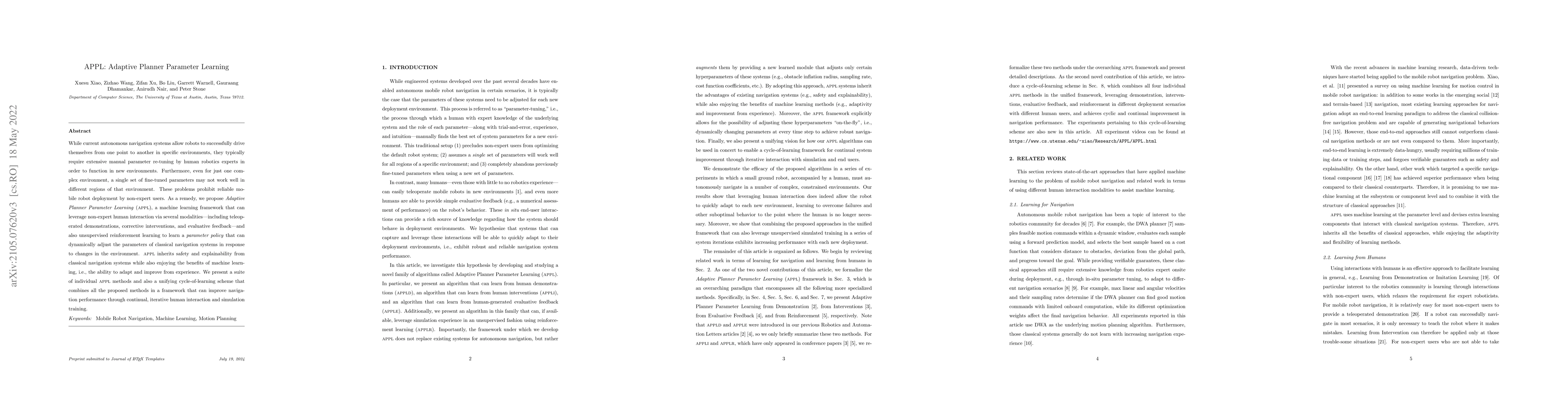 Thumbnail for APPL: Adaptive Planner Parameter Learning