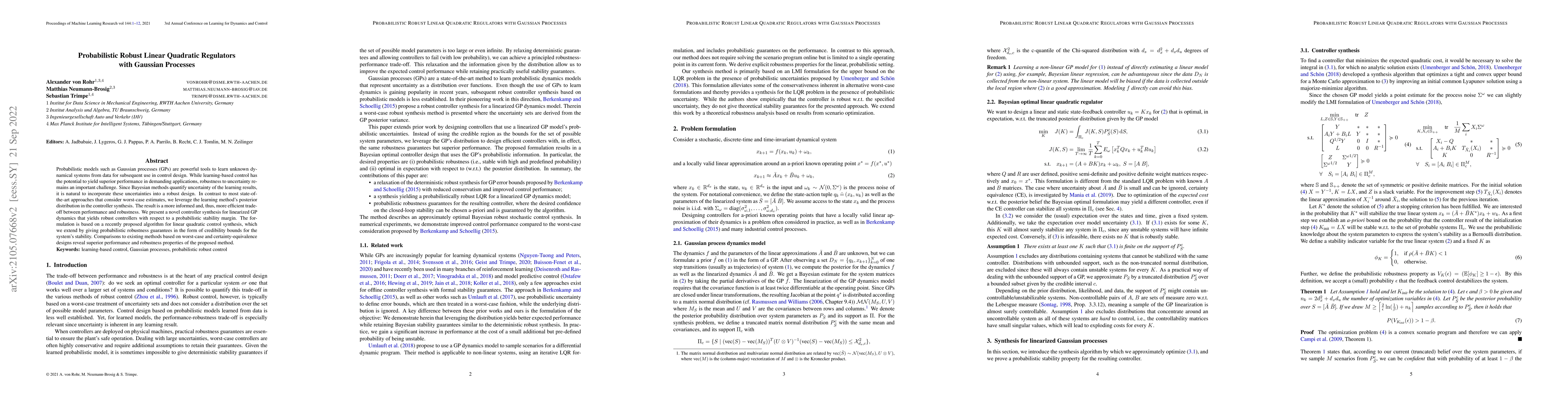 Thumbnail for Probabilistic Robust Linear Quadratic Regulators with Gaussian Processes