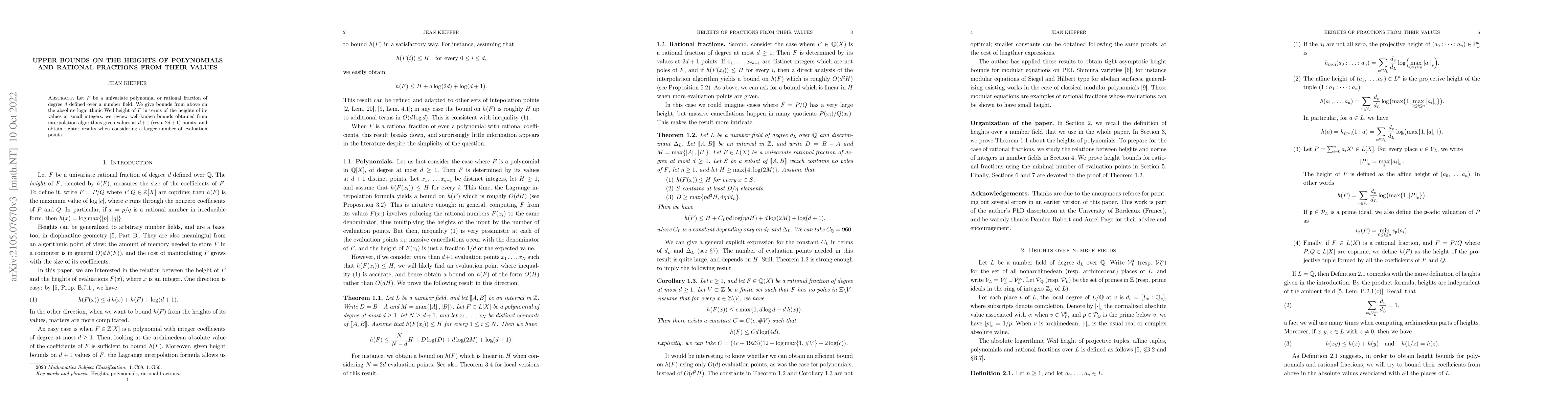Thumbnail for Upper bounds on the heights of polynomials and rational fractions from
  their values