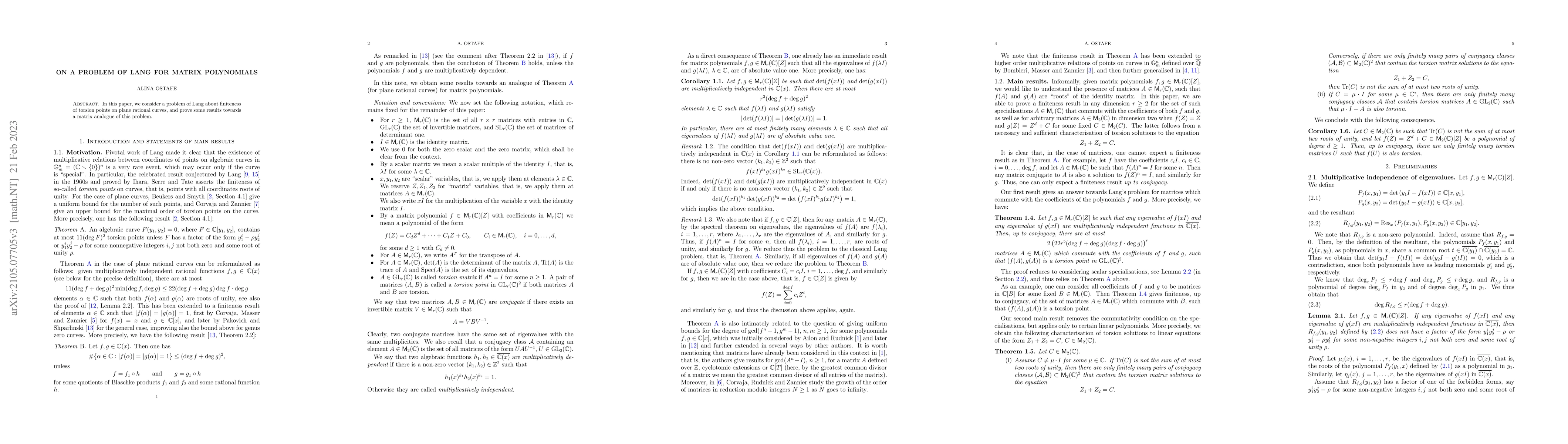 Thumbnail for On a Problem of Lang for Matrix Polynomials