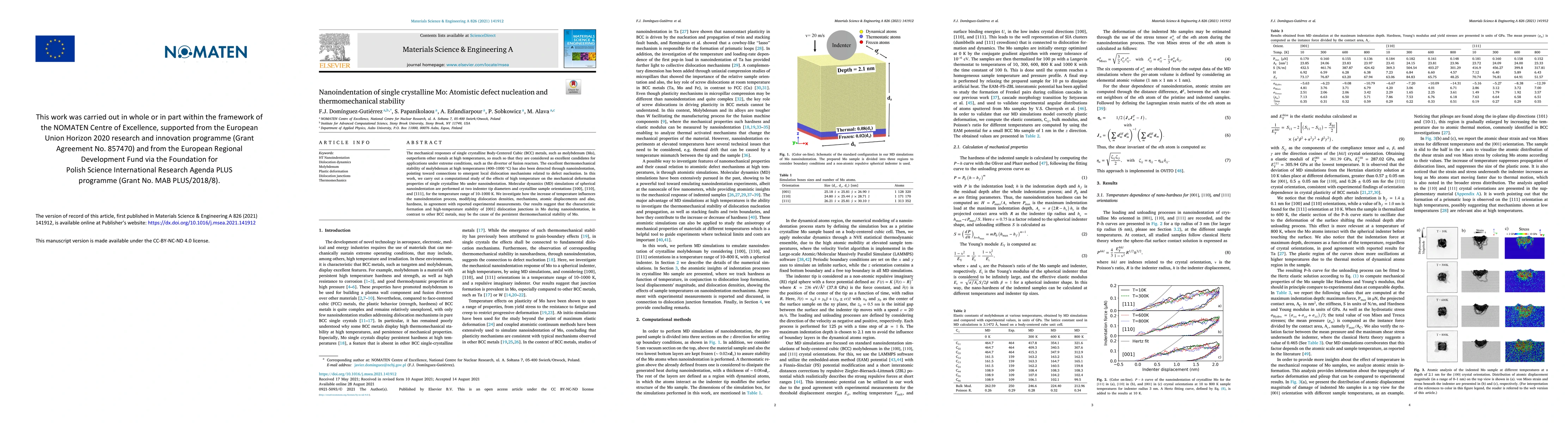 Thumbnail for Nanoindentation of single crystalline Mo: Atomistic defect nucleation
  and thermomechanical stability