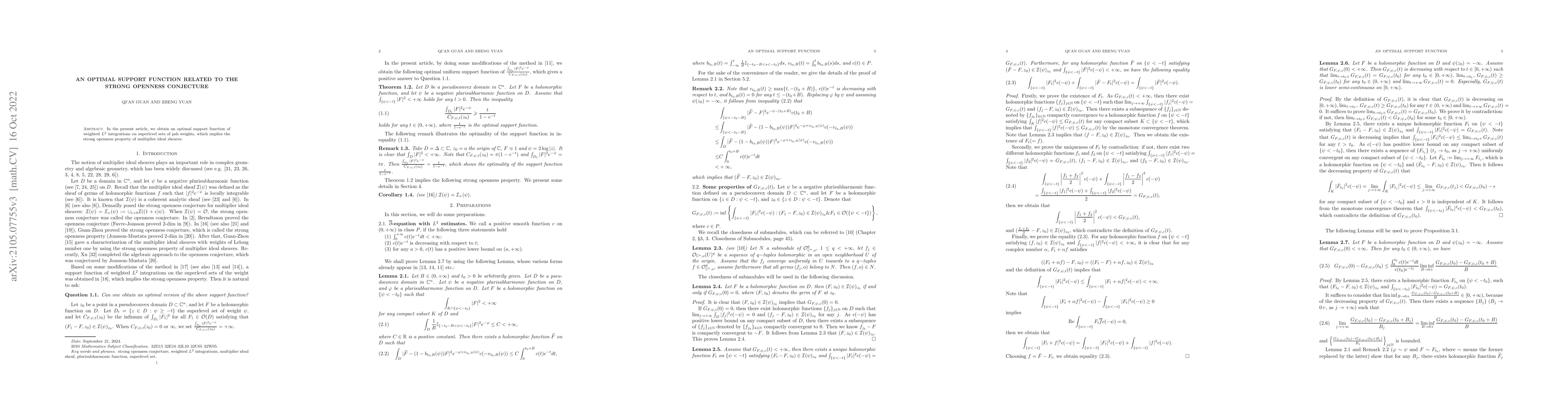 Thumbnail for An Optimal Support Function related to the strong openness conjecture