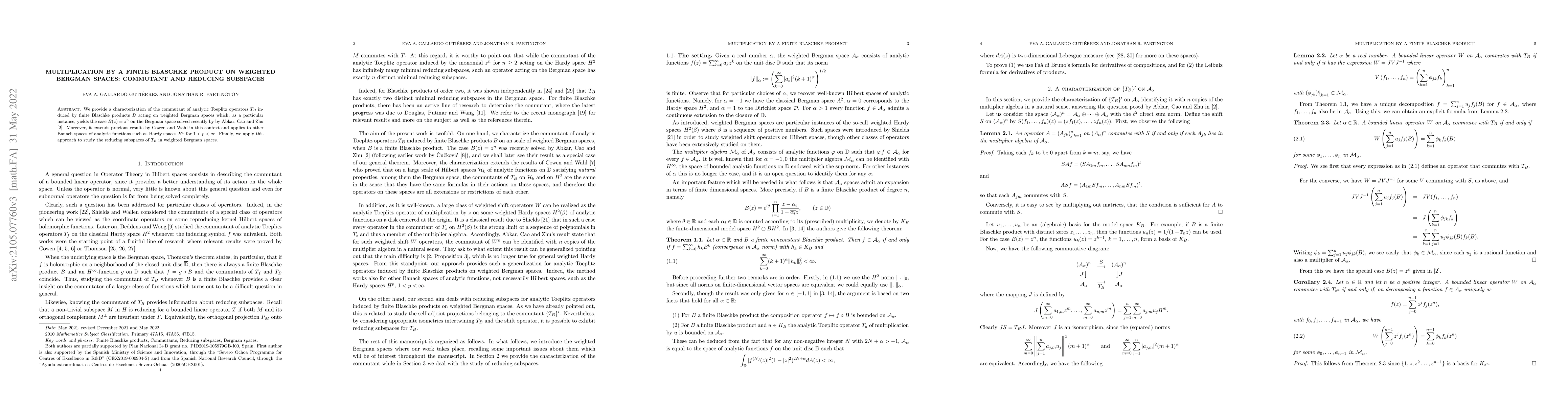 Thumbnail for Multiplication by a finite Blaschke product on weighted Bergman spaces:
  commutant and reducing subspaces
