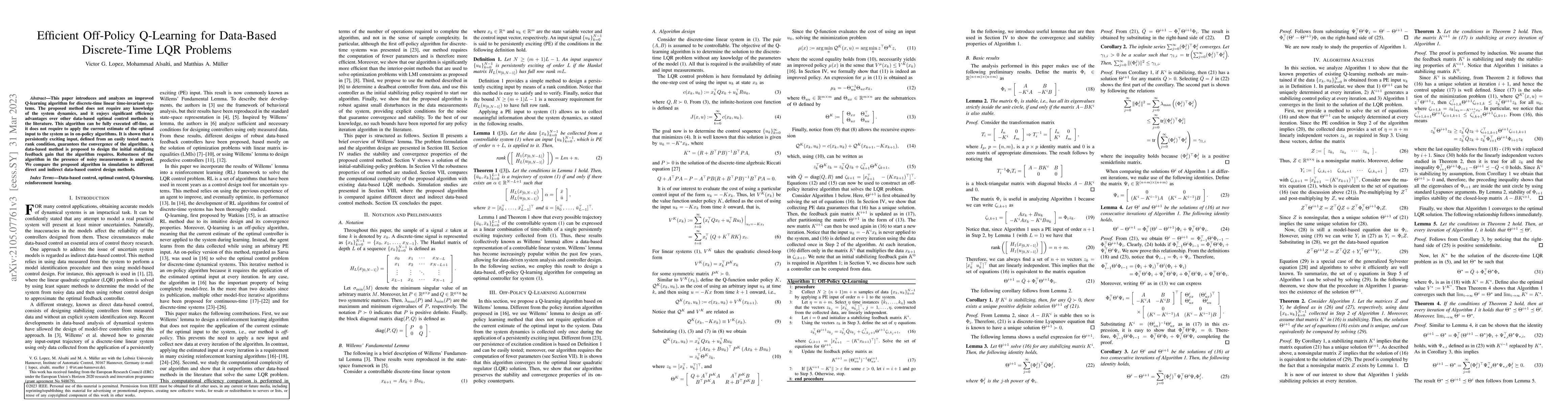 Thumbnail for Efficient Off-Policy Q-Learning for Data-Based Discrete-Time LQR
  Problems