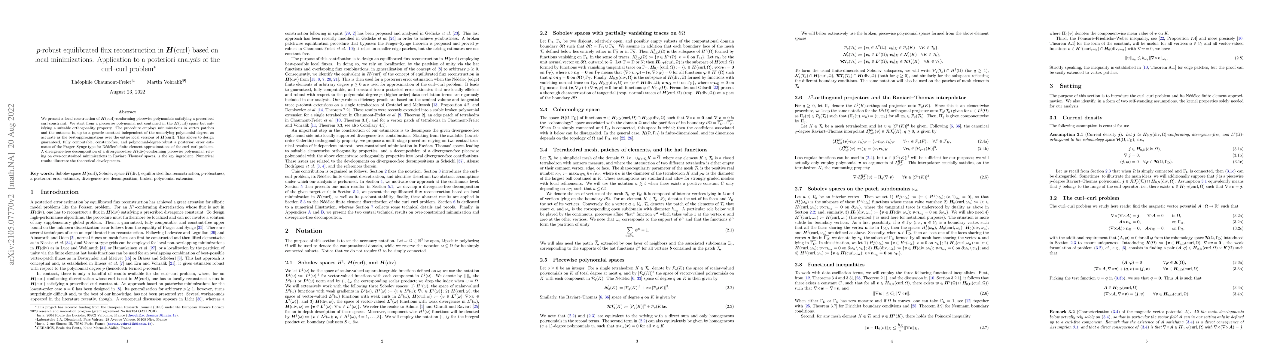 Thumbnail for $p$-robust equilibrated flux reconstruction in ${\boldsymbol
  H}(\mathrm{curl})$ based on local minimizations. Application to a posteriori
  analysis of the curl-curl problem