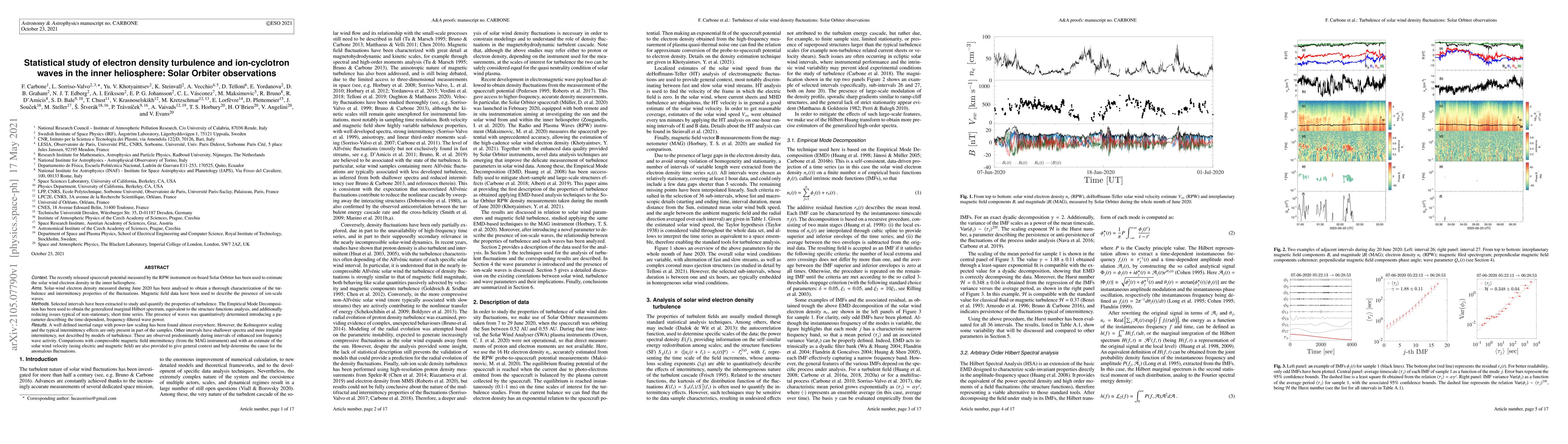 Thumbnail for Statistical study of electron density turbulence and ion-cyclotron waves
  in the inner heliosphere: Solar Orbiter observations