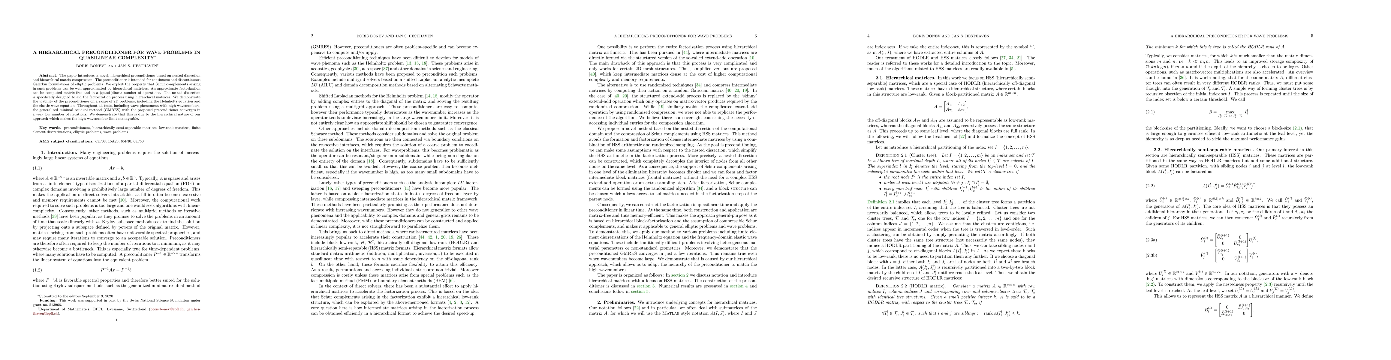 Thumbnail for A hierarchical preconditioner for wave problems in quasilinear
  complexity