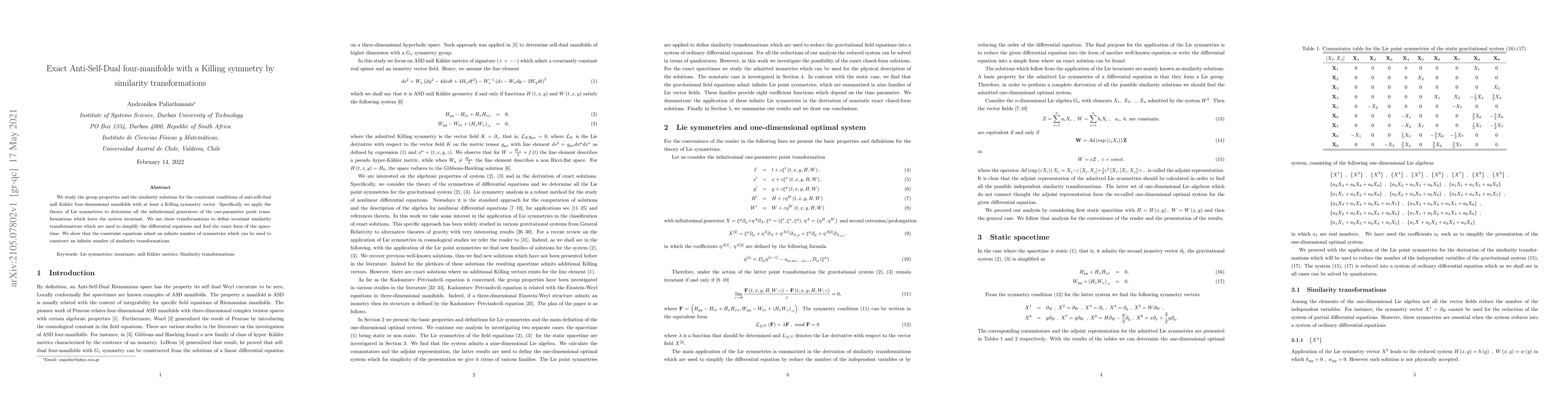 Thumbnail for Exact Anti-Self-Dual four-manifolds with a Killing symmetry by
  similarity transformations