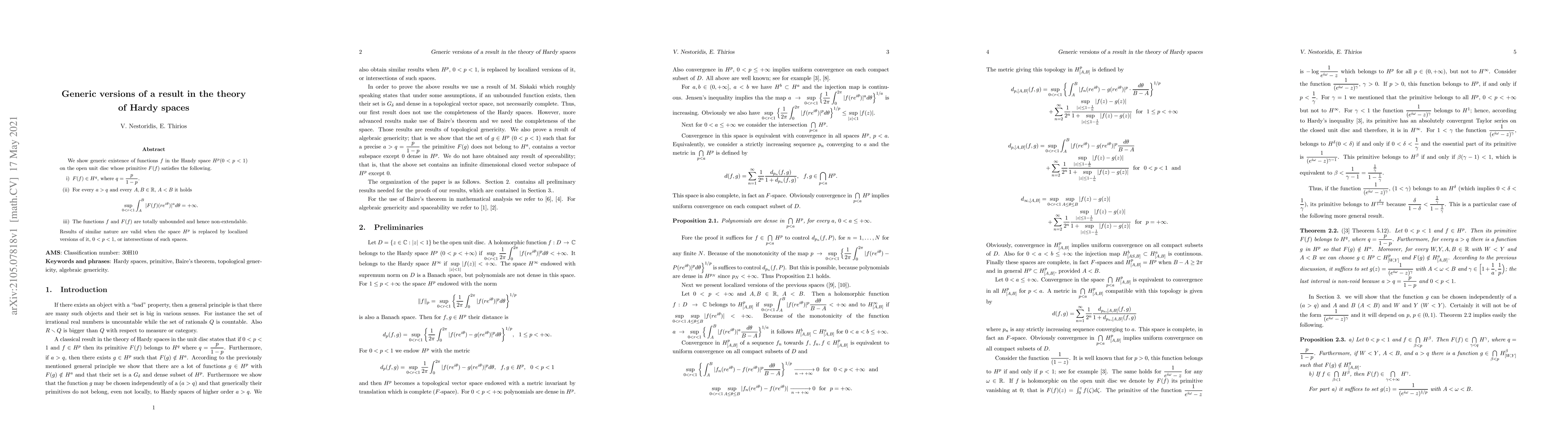 Thumbnail for Generic versions of a result in the theory of Hardy spaces