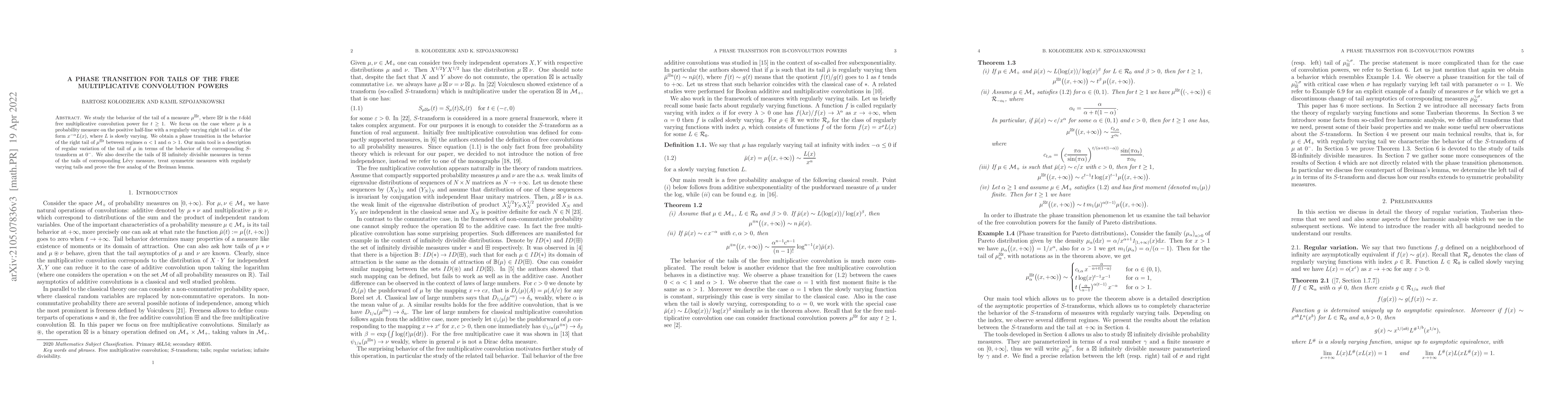 Thumbnail for A phase transition for tails of the free multiplicative convolution
  powers