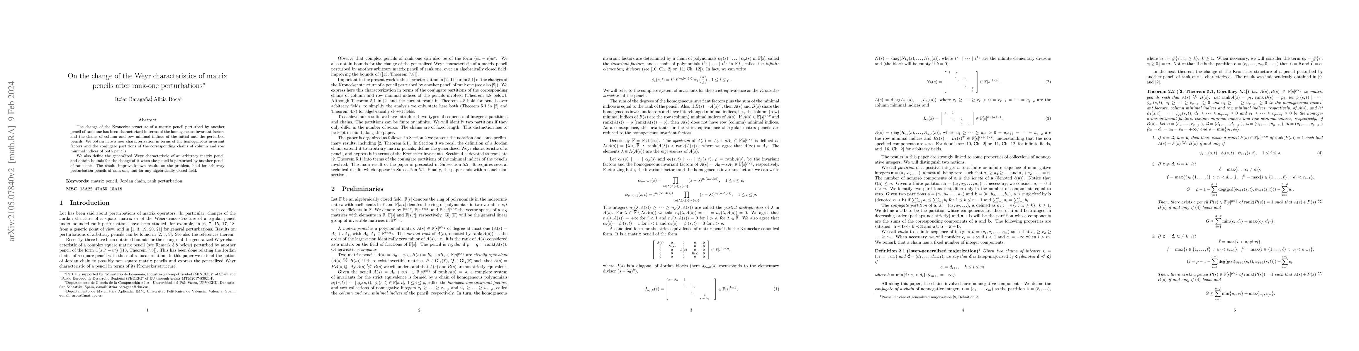 Thumbnail for On the change of the Weyr characteristics of matrix pencils after
  rank-one perturbations
