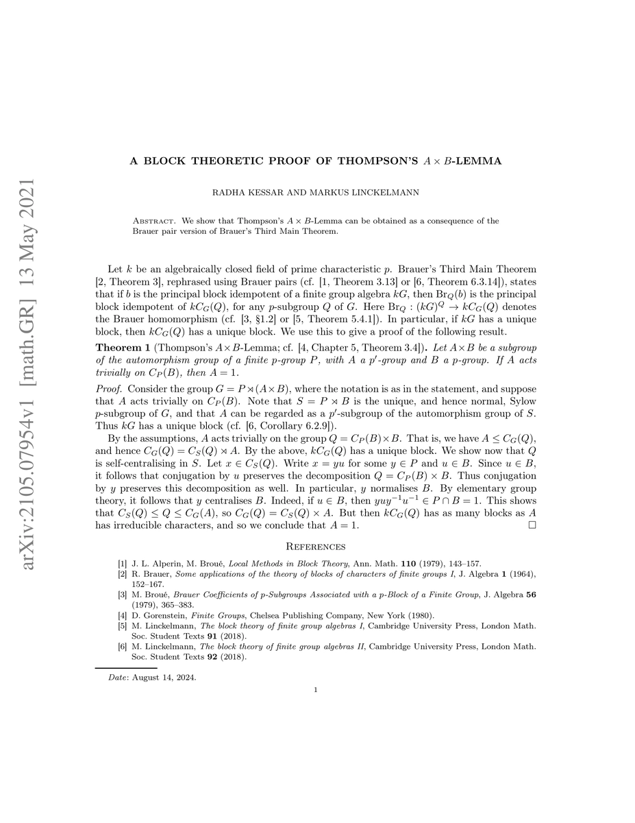 Thumbnail for A block theoretic proof of Thompson's $A\times B$-Lemma
