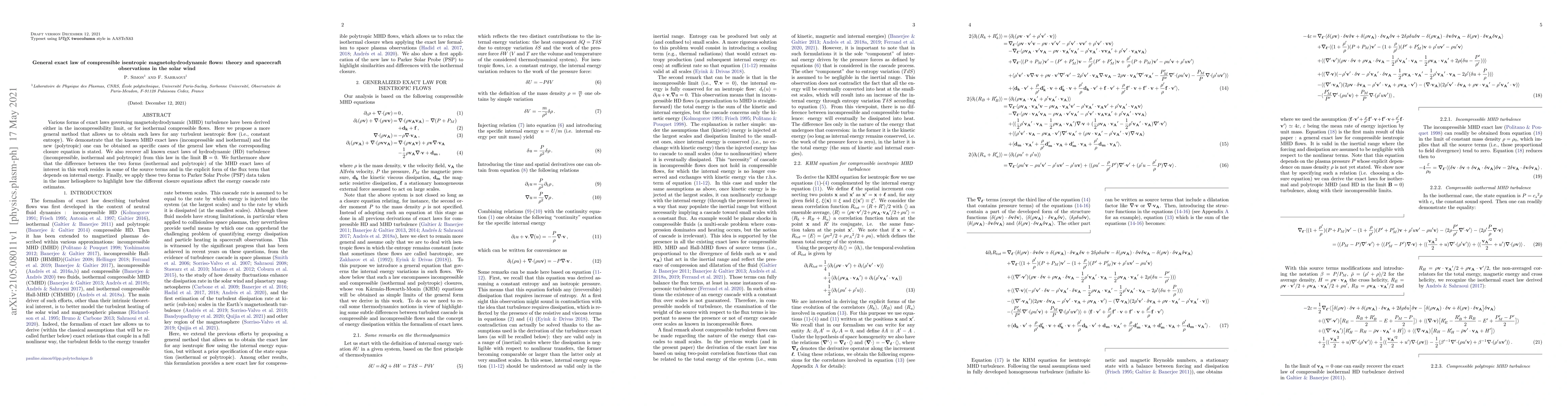 Thumbnail for General exact law of compressible isentropic magnetohydrodynamic flows:
  theory and spacecraft observations in the solar wind