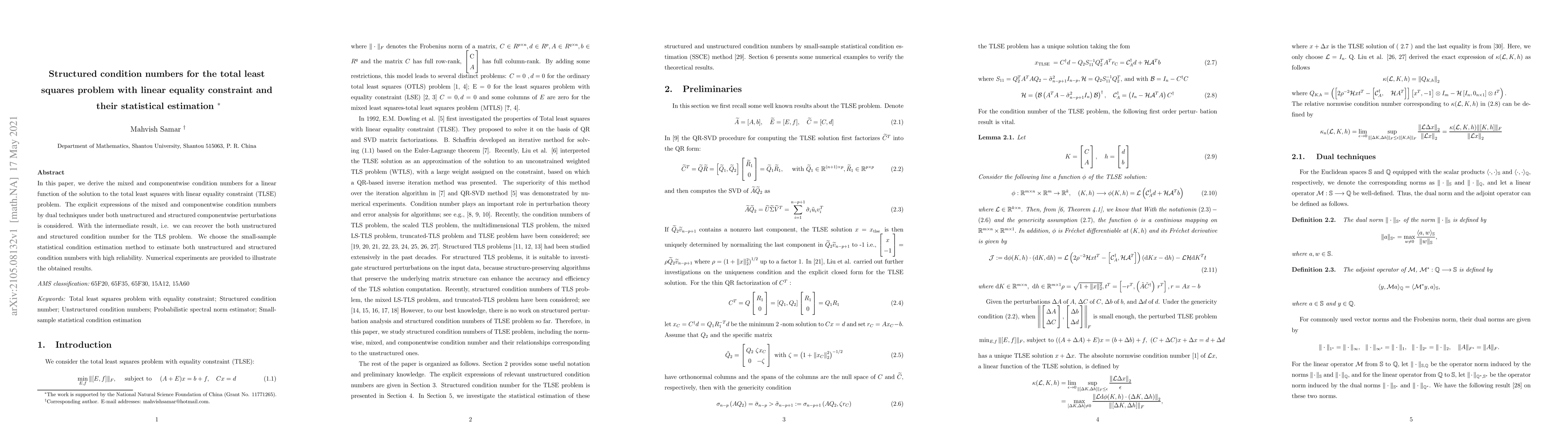 Thumbnail for Structured condition numbers for the total least squares problem with
  linear equality constraint and their statistical estimation