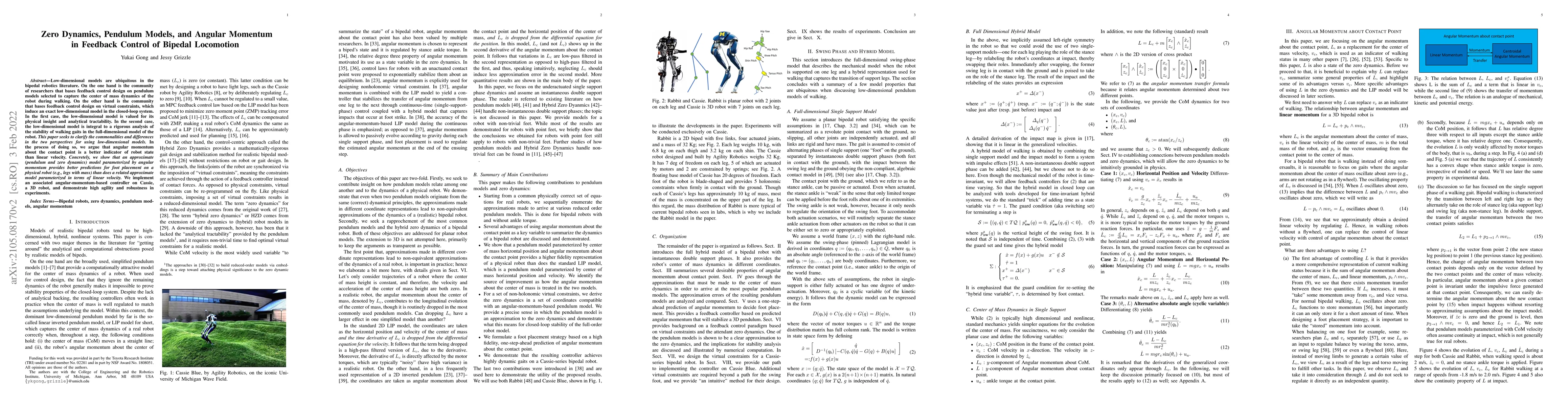 Thumbnail for Zero Dynamics, Pendulum Models, and Angular Momentum in Feedback Control
  of Bipedal Locomotion