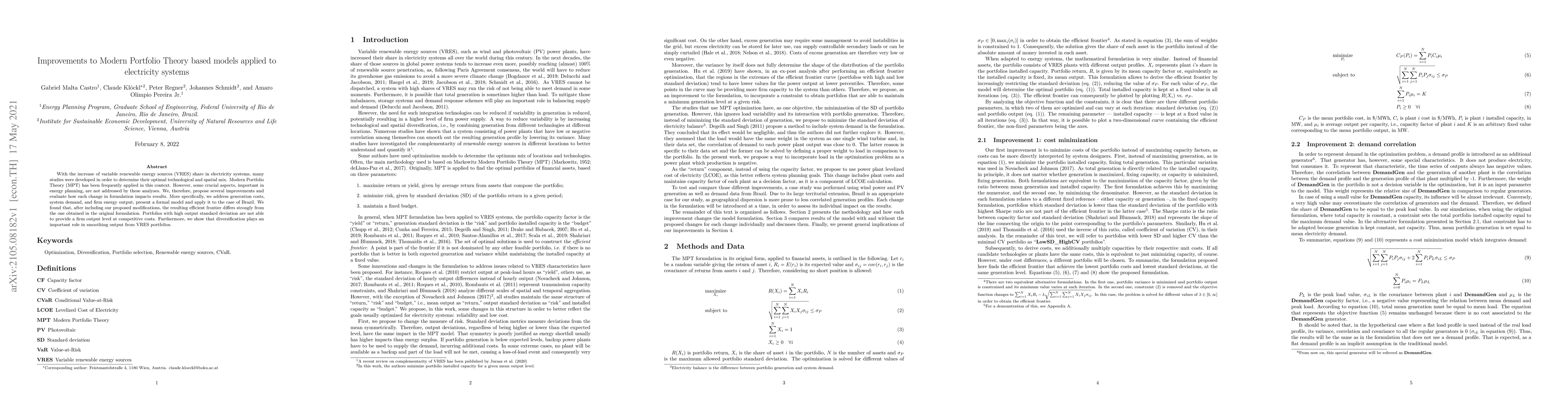Thumbnail for Improvements to Modern Portfolio Theory based models applied to
  electricity systems