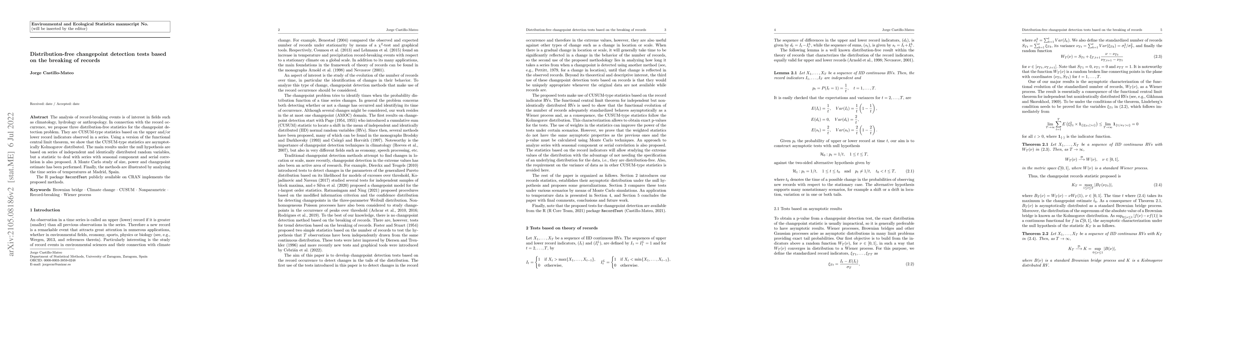 Thumbnail for Distribution-free changepoint detection tests based on the breaking of
  records
