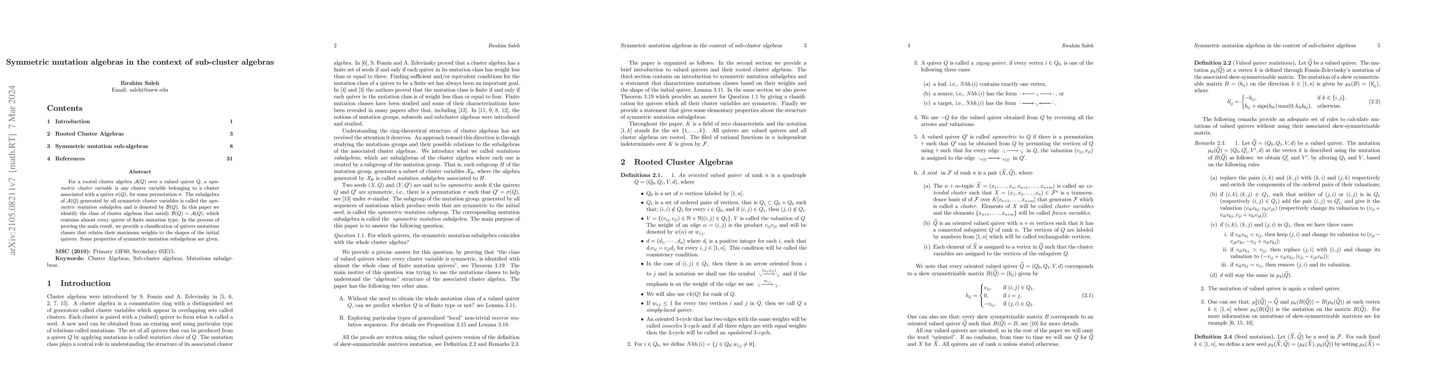 Thumbnail for Symmetric mutations algebras in the context of sub-cluster algebras