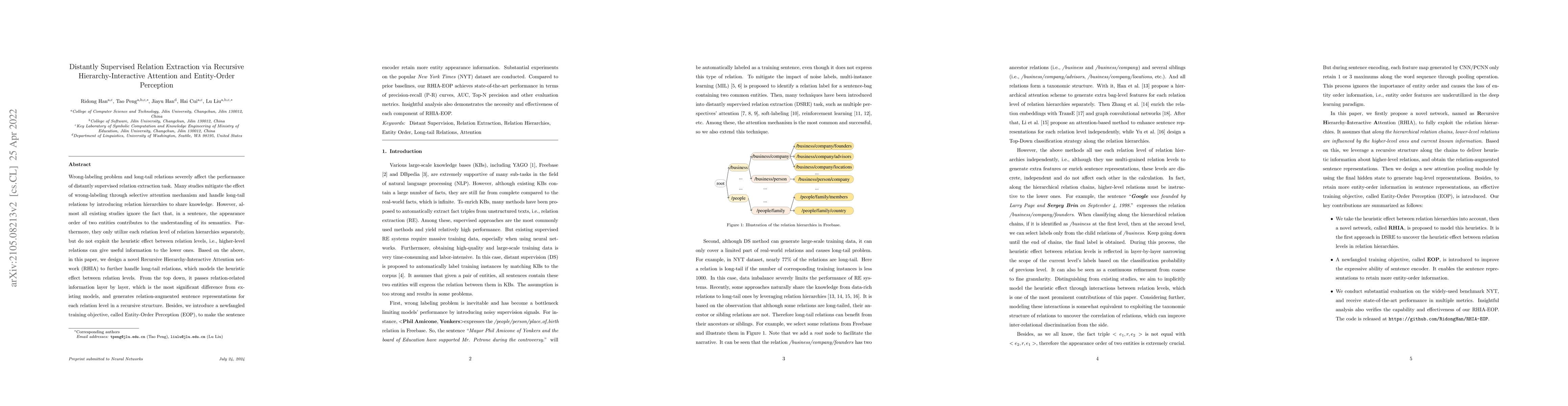 Thumbnail for Distantly Supervised Relation Extraction via Recursive
  Hierarchy-Interactive Attention and Entity-Order Perception